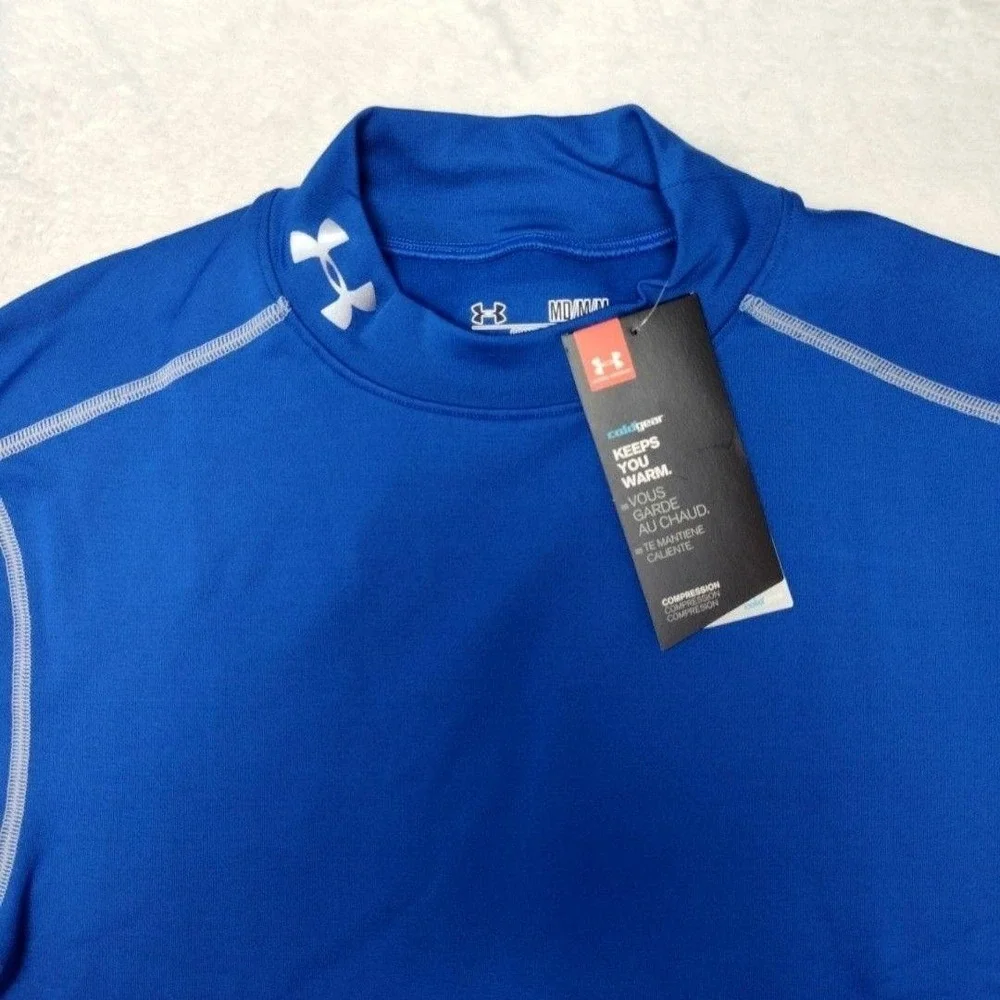 Under Armour Shirt Mens M Blue ColdGear Compression‎ Mock Base Layer Tagless